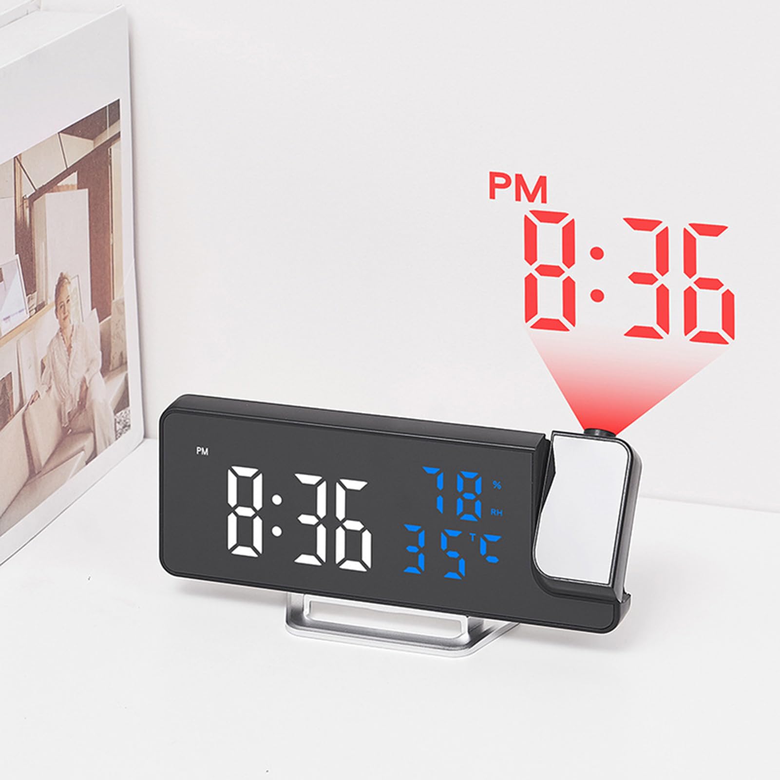 Alarma con proyección digital: reloj con pantalla giratoria ajustable, temporizador LED compacto, sensores de temperatura y humedad | Gadget para la habitación de oficina en casa de diseño elegante