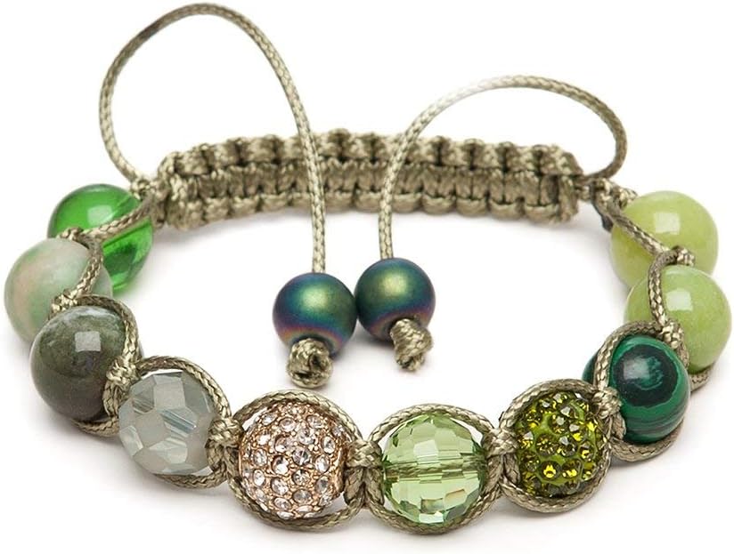 Zebredellas A17 Unique Jade Qinghai Indian Agate Gemstone Gold Pave Clear Zircon Olive Green Beaded Shamballa Macramé Bracelet Hand-Made in Britain Aries Taurus Gemini Libra Pisces