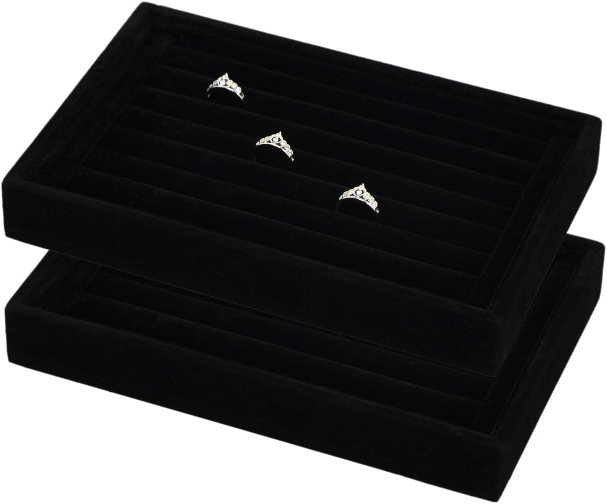 Stackable Small Velvet Rings Insert Jewelry Tray Showcase Cufflinks Earrings Storage Organizer (Standard, Ring Tray 7 Slots Velvet Black Small - 2)