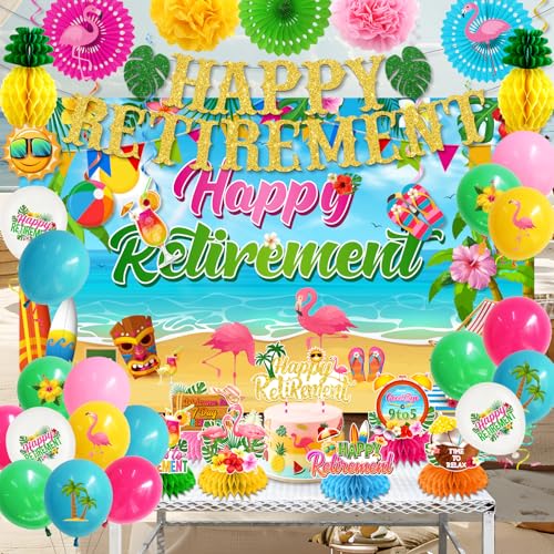 Image of Beach Retirement Party Decorations, Aloha Party Decorations includes Happy Retirement Banner Hawaiian Backdrop and Hanging Swirls Honeycomb Centerpieces, for Aloha Decor