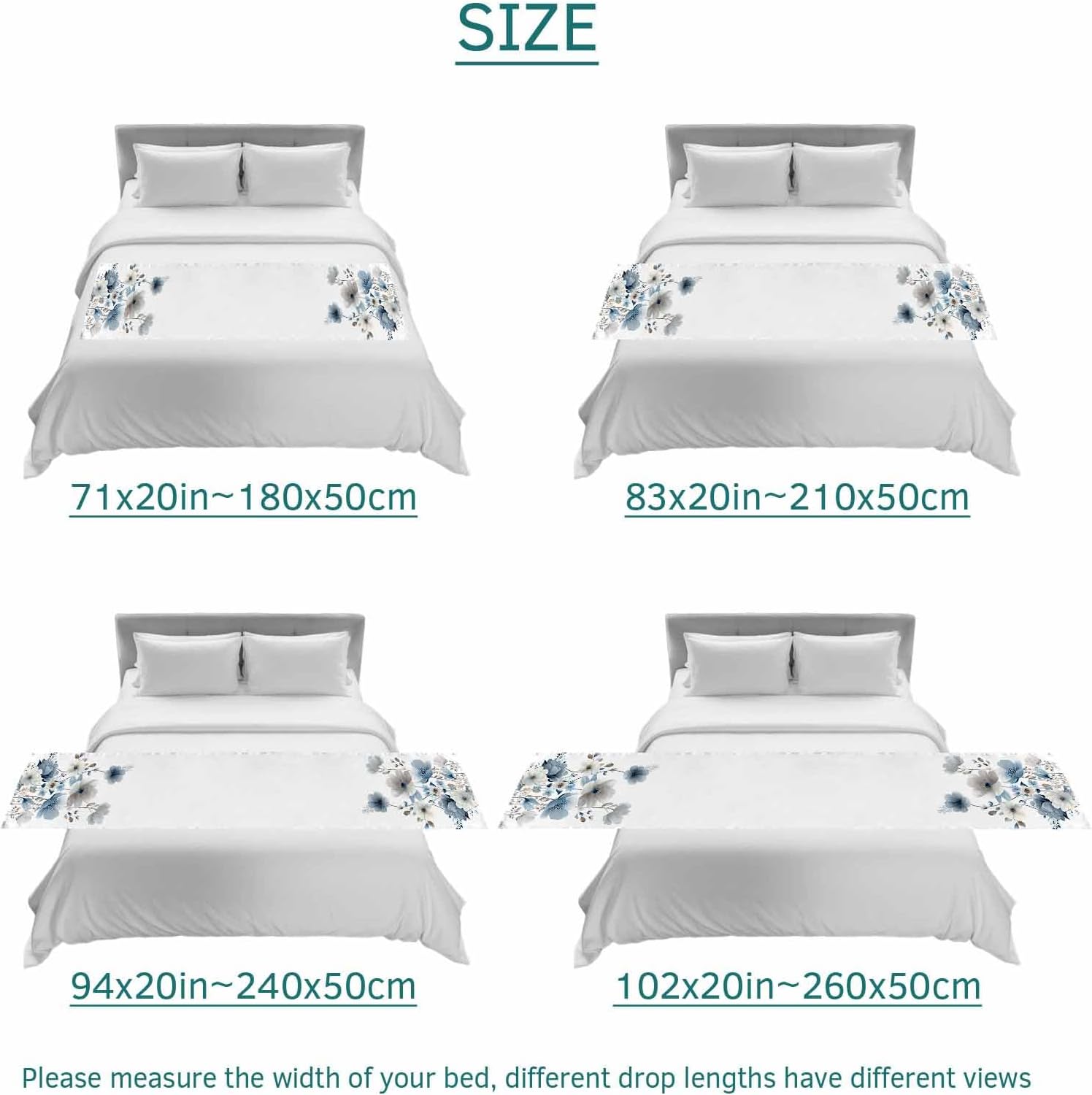 Blue Grey Floral Bed Runner Bedding Decorative Scarf for Fits Cal King Bed, Watercolor Flowers Farmhouse Luxury Fine Print Foot Throw with Satin for Hotels Homes, Guest Rooms, 102" x 20"