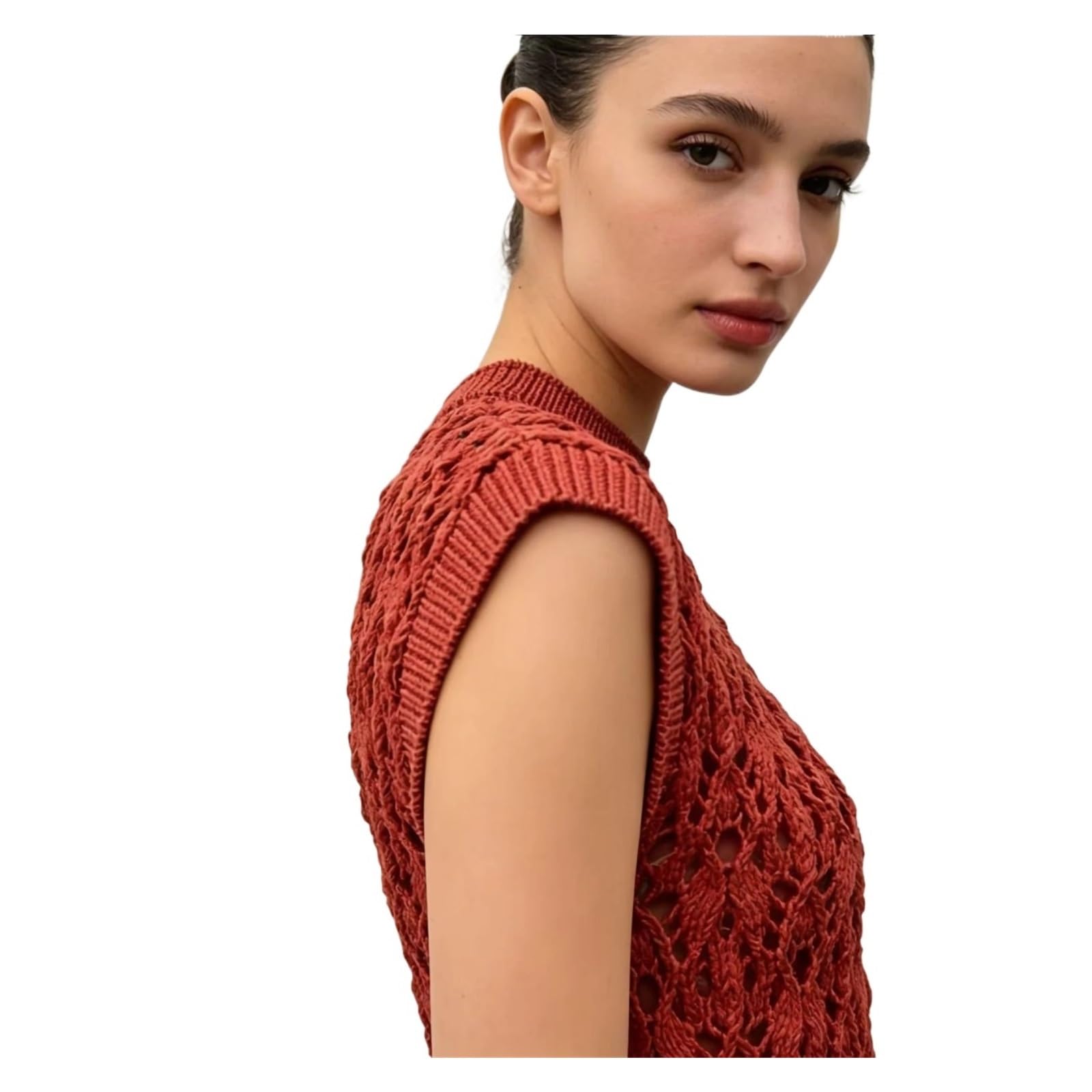 Jersey sin Mangas de Ganchillo Rojo Vintage Playa Verano