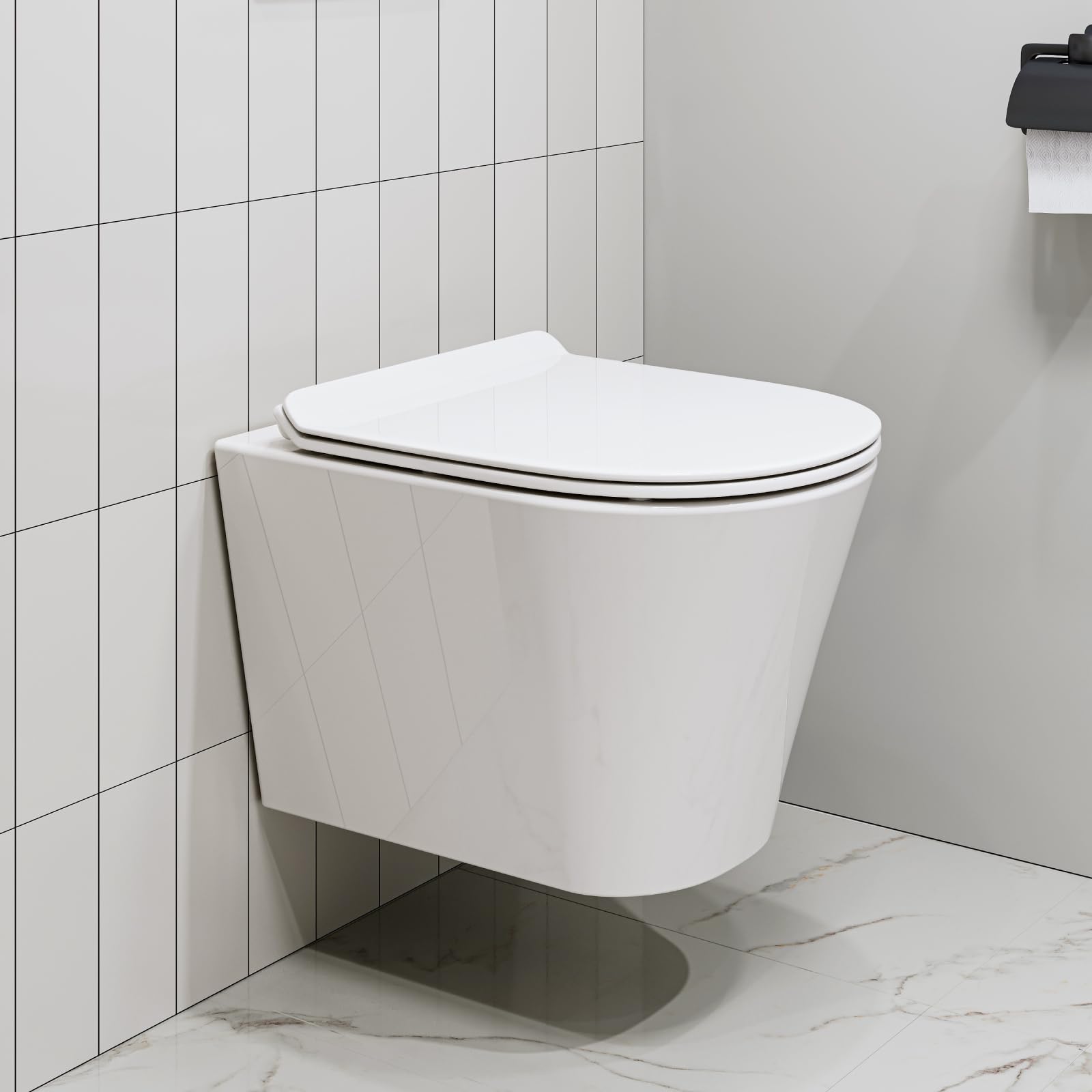 HOROW WC sospeso senza bordi, da parete, con sedile WC con abbassamento automatico, per ospiti, bagno, WC, 48 cm, colore bianco