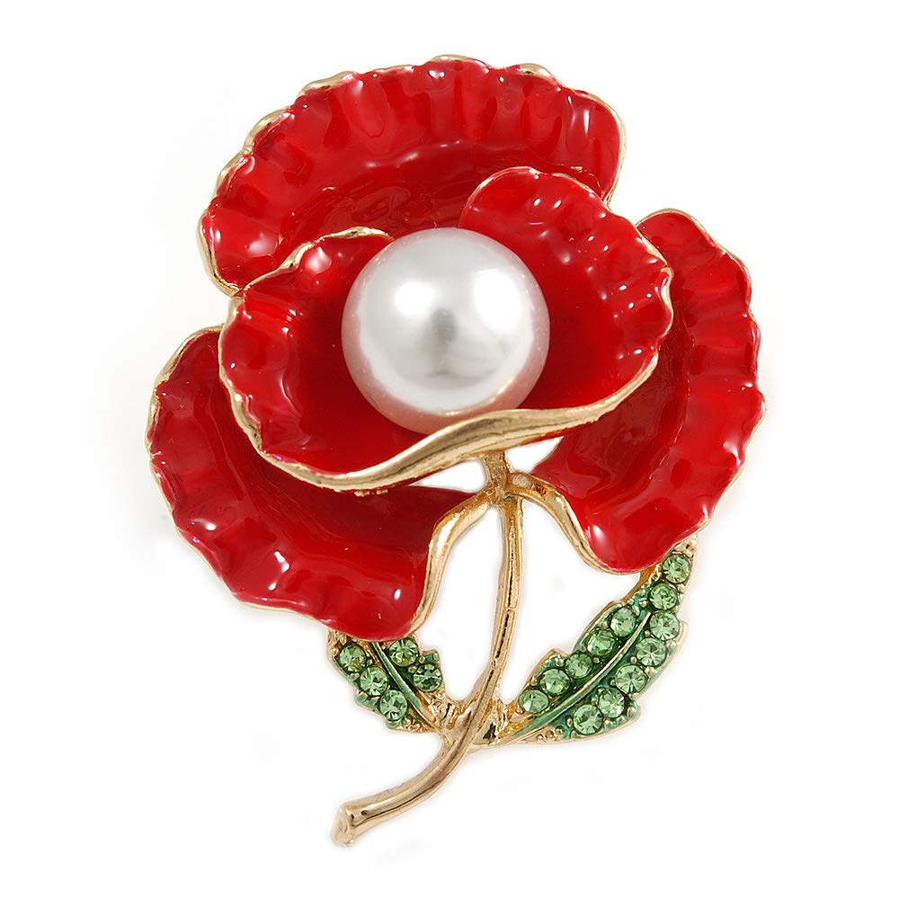 Avalaya Bright Red Enamel, Faux Pearl, Green Crystal Poppy Brooch in Gold Tone - 45mm Long