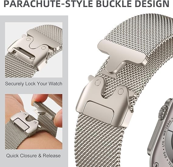 Image of GETSABLE Stainless Steel Mesh Loop Strap with Parachute-style Buckle Compatible with iwatch Ultra 2 /Ultra band 49mm, Series 10 46mm, 9 /8 /7 45mm, SE2 /SE /6 /5 /4 44mm, 3 /2 /1 42mm (Natural Titanium)
