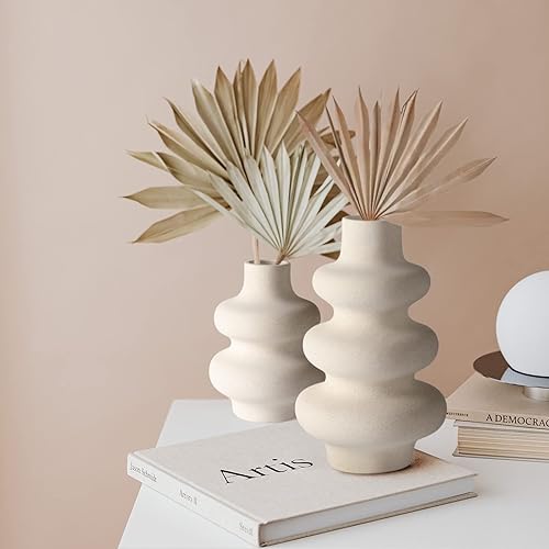 Miniatura 3 de Juego de jarrones redondos de cerámica blanquecina, 2 piezas, 3.5 pulgadas, ideal para decorar cualquier habitación