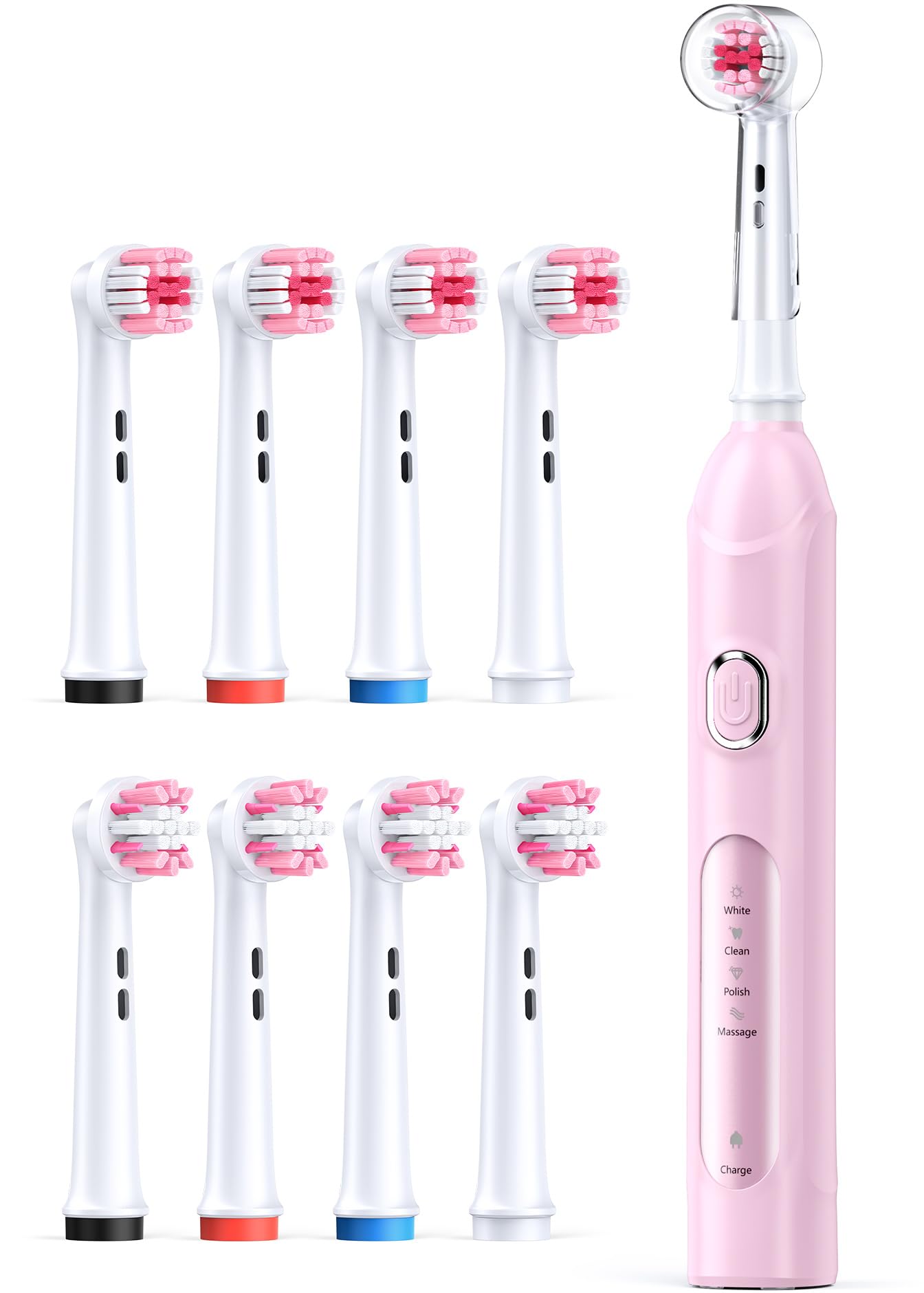 Rotating Electric Toothbrush for Adults with 8 Brush Heads (2 Types), 4 Modes Deep Clean Electric Toothbrush with Rechargeable Power and 2 Min Smart Timer Pink