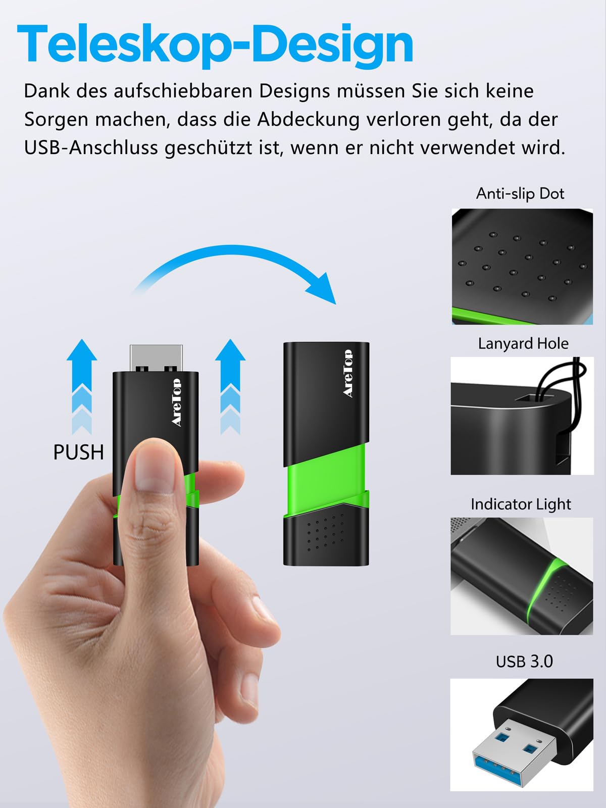 AreTop Chiavetta USB 3.0, 64 GB, 5 pezzi, con 1 adattatore USB-C, 5 colori | USB 3.0 fino a 100 MB/s, compatibile con PC/laptop/auto/console di gioco