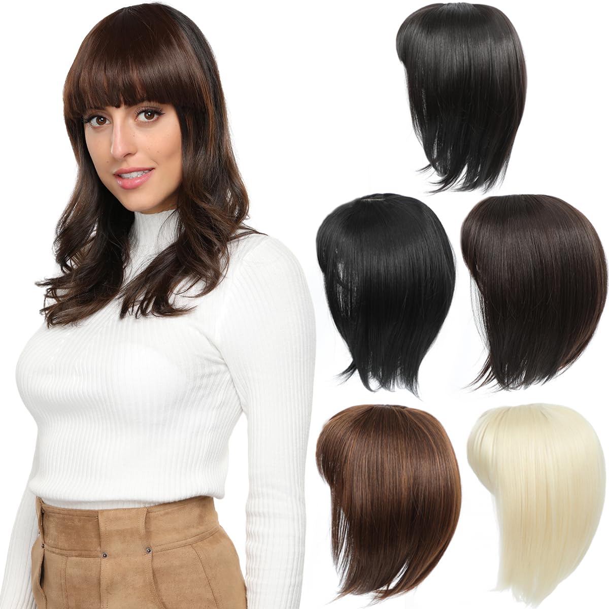 Yamel Hair Topper for Women Natural Synthetic Hairpieces 12 Inch Sunburn Hair Topper with Bangs Straight Wiglets Hairpieces for Thinning Hair
