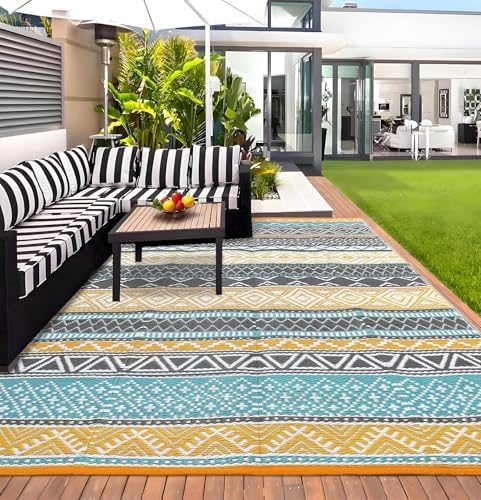 Garvee 8x10 Boho Outdoor Rug for Picnic, Braided Outdoor Rugs for Deck, Waterproof Colorful Patio Carpet, Portable Plastic Straw Rug, Reversible RV Camping Mat for RV Porch Balcony Backyard — view 8