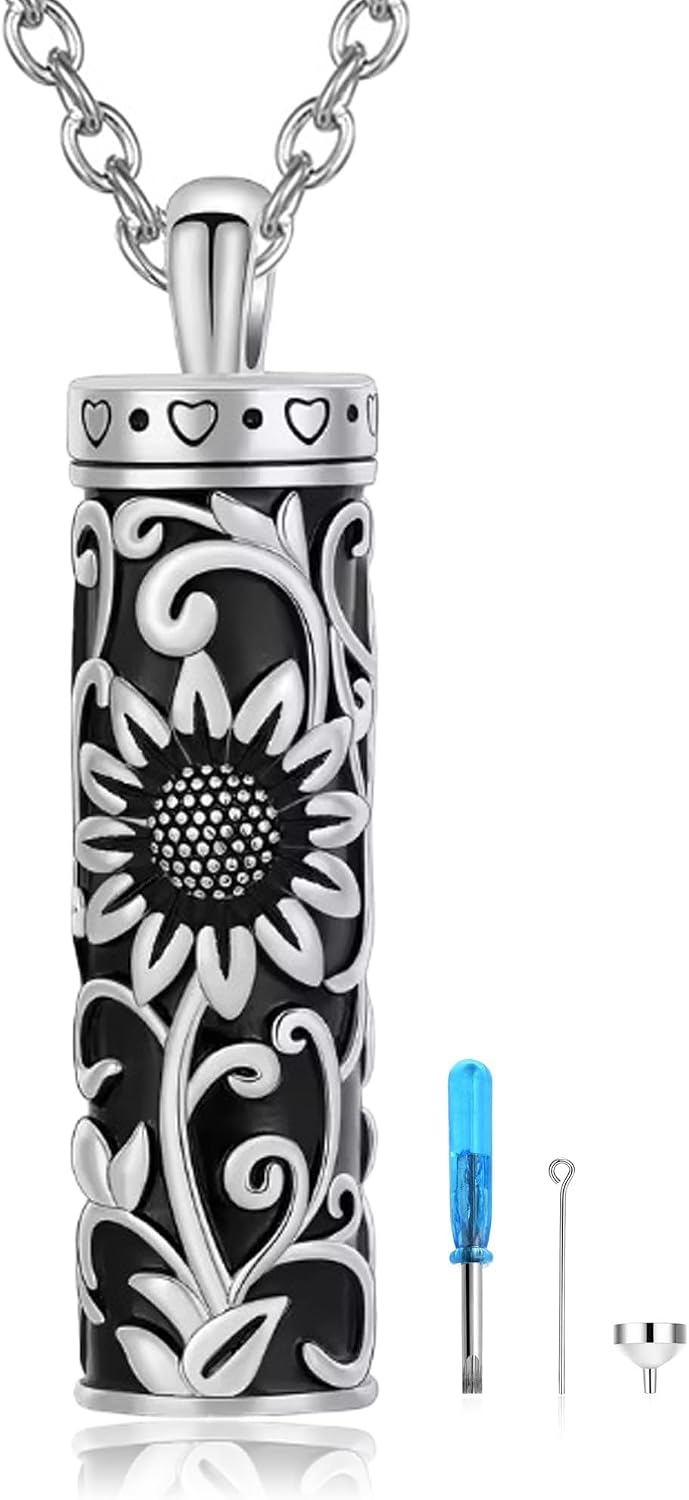 Cylinder Urn Necklace for Ashes Pendant for Women Men Sunflower Cremation Jewelry Keepsake Memorial Necklace Ashes Holder