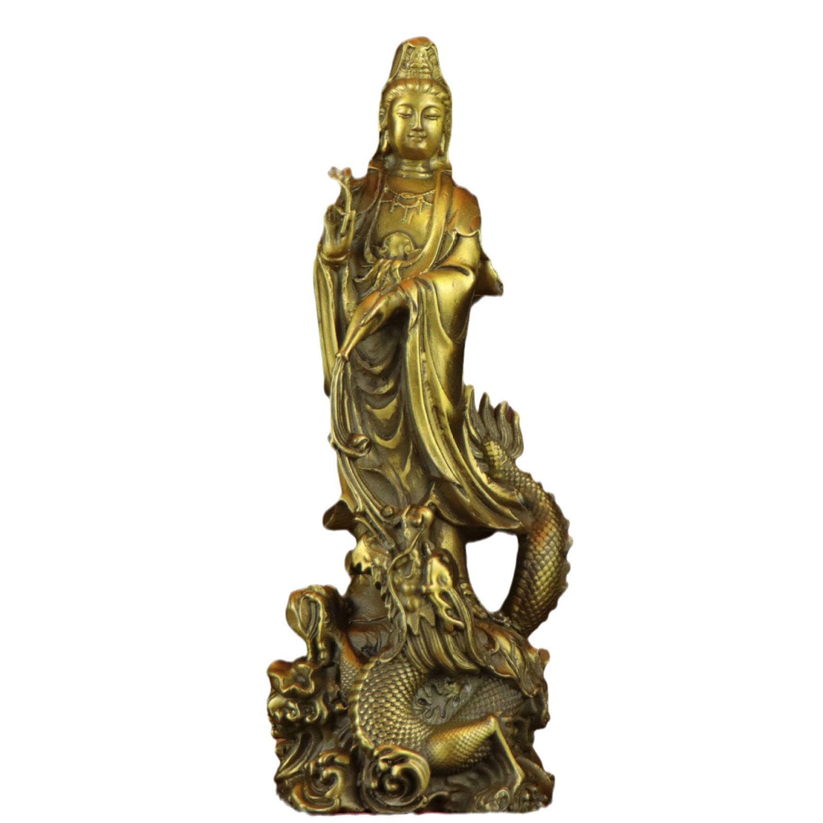 Statue de Kuan Yin Statue de Guan Yin chevauchant Un Dragon Chinois - Figurines de Collection en Laiton - Sculpture de la déesse de la miséricorde et du Dragon Chinois Feng Shui, Petite