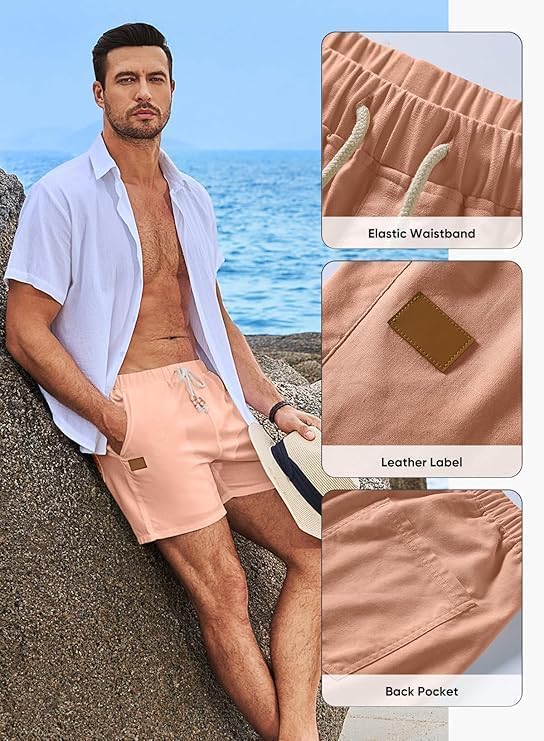 Mens Casual Beach Shorts Elastic Drawstring Waist Cotton Linen Shorts with Pockets - Image 7