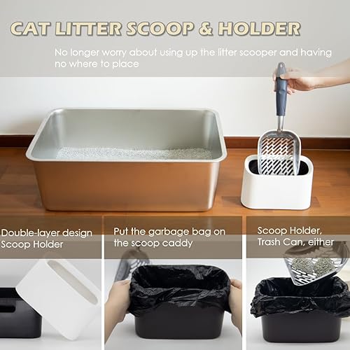 Heavy-Duty Metal Cat Litter Scoop with Holder, Aluminum Cats Litter Scooper Captures All Clumps, Kitty Metal Scooper and Holder (White)(White)
