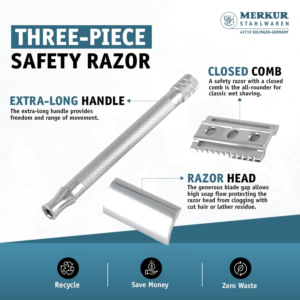 MERKUR 24C Safety Razor For Women with 10 Double Edge Blades | Extra Long Handle | Three-piece Razor | Straight Cut | Bright Chrome Finish | Made in Germany