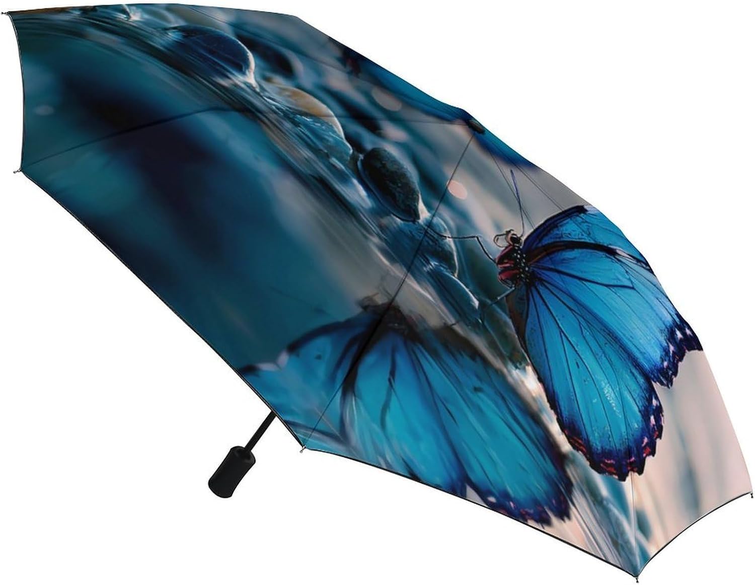 Blue Butterfly Travel Umbrella Portable Fold Parasol | Sun Rain Folding Parasol,Windproof Umbrella,Quick Dry,for Travel Work