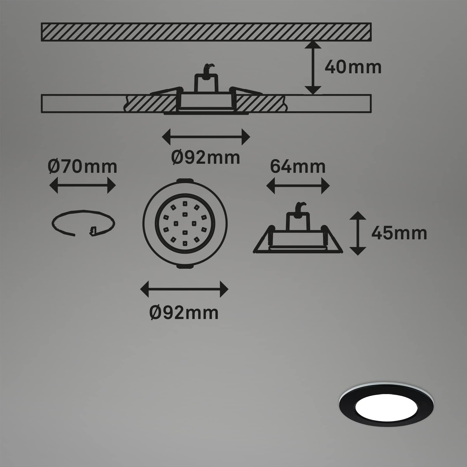 BRILONER - Set di 3 luci da incasso LED a soffitto, luci da incasso RGB CCT, faretto da incasso LED per bagno, faretto da incasso per bagno IP65, nero, 92x45 mm (DxH)