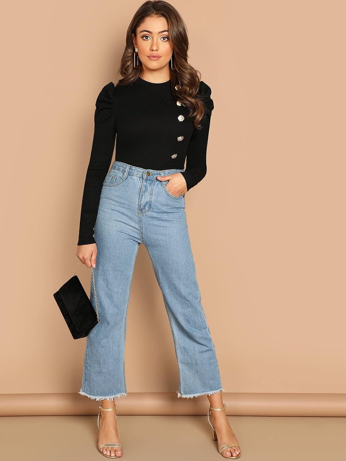 Floerns Women's Solid Mock Neck Short Puff Sleeve Tops Blouse