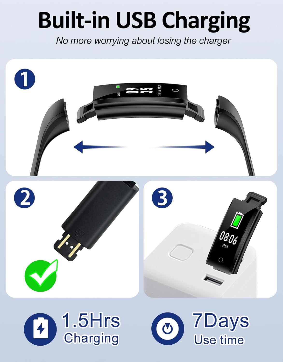 Diagram showing how to detach the GRV S1A watch body from the strap and plug it into a USB port for charging.