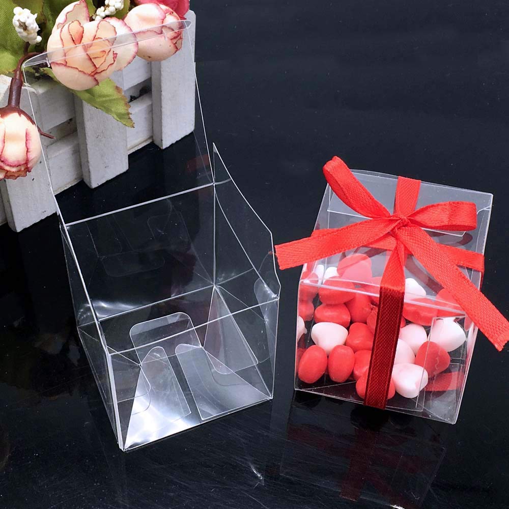 TOP-MAX Lot de 50 boîtes à dragées carrées transparentes pour mariage, bonbons, chocolat, Saint-Valentin, emballage cadeau 10 x 10 x 10 cm