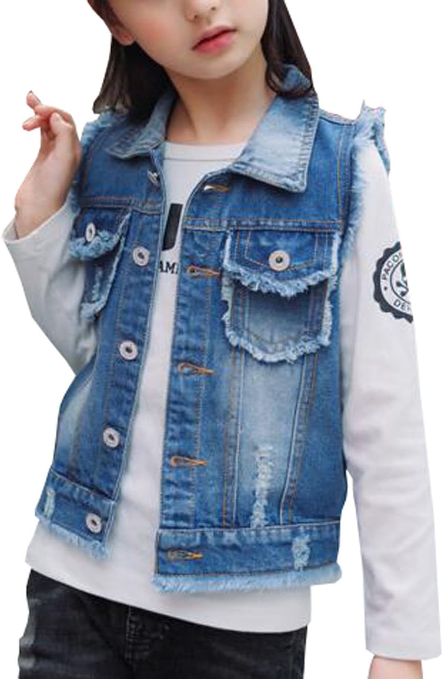 Solid Color Girl Vest Burr Cowboy Vest Children Cardigan Jacket (12-13 Years)