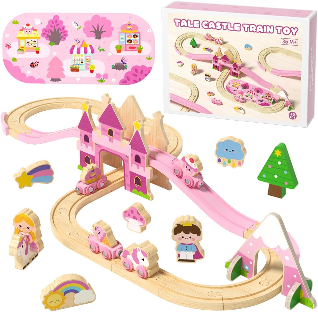 Unicorn Princess Wooden Train Set for Toddler Girls 2-4, 40Pcs Pink Fairy Tale Track Kit with Castle, Compatible with Major Railways, Fine Motor and Imaginative Play, Girls Birthday Gift