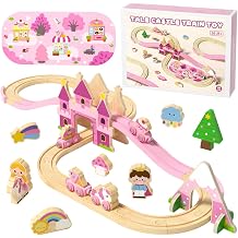 Unicorn Princess Wooden Train Set for Toddler Girls 2-4, 40Pcs Pink Fairy Tale Track Kit with Castle, Compatible with Major Railways, Fine Motor and Imaginative Play, Girls Birthday Gift