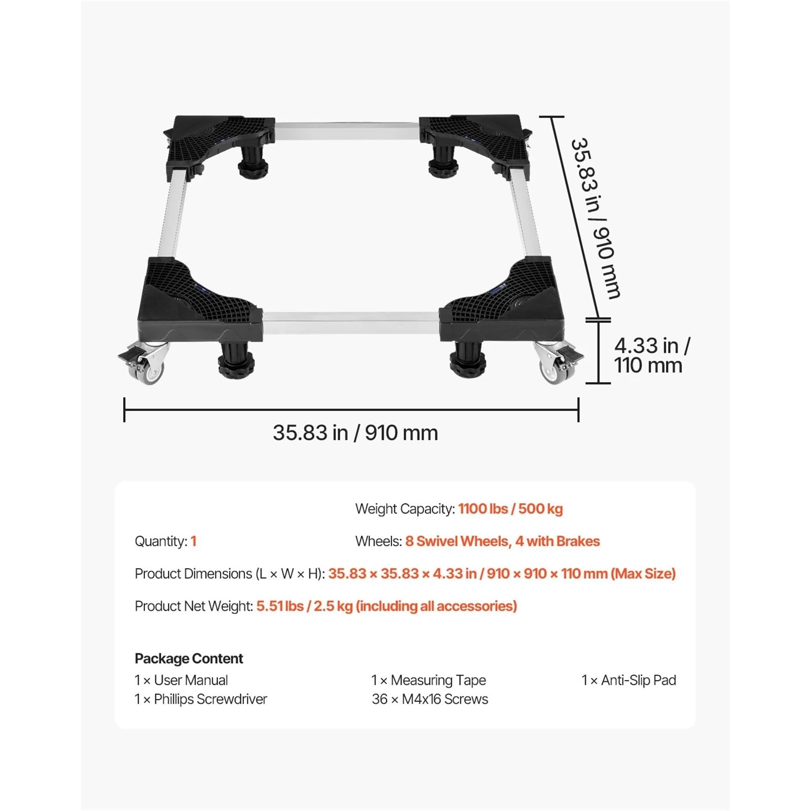Base Con Ruote Per Elettrodomestici Carrello for trasloco mobili Base regolabile da 1100 libbre | 8 ruote gemellate bloccabili da 27,5-35,4 pollici for lavatrice e frigorifero
