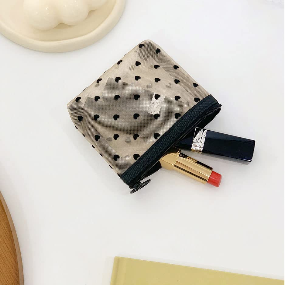 3 Pieces Heart Print Mesh Makeup Bags Sets Zipper Cosmetic Bag for Women Girls Toiletry Pouch Storage Organizer Bags Portable Travel Pouch Beige Home Office Smiley flower pendant2