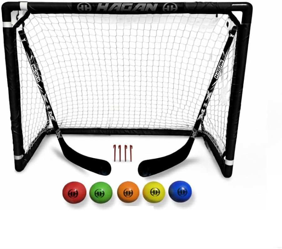 Hagan Hockey Supersized Knee Hockey Goal – Durable Portable Indoor Outdoor Net with Two PRO Composite Select Sticks, Five PRO Precision Knee Hockey Balls, Four Stakes, Ideal Backyard Sports Equipment