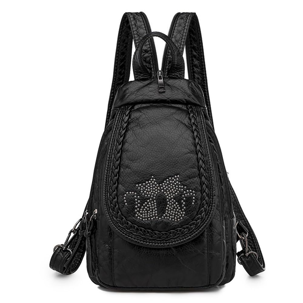 NIGEDU Vintage Embroidered Women Backpacks Soft PU Leather Backpack Purse Small Female Travel Bag Black Chest Packs (Cats)
