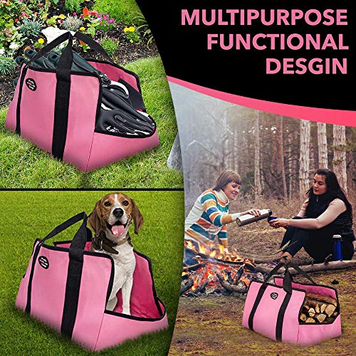 Firewood Tote Bag - Oxford Fabric Log Carrier With Handles & Heavy Duty Straps - Large Durable Wood Holder With Wide Opening - Wood Stove & Fireplace Accessories - 21 X 13 X 12 Inch, Pink #TOP5