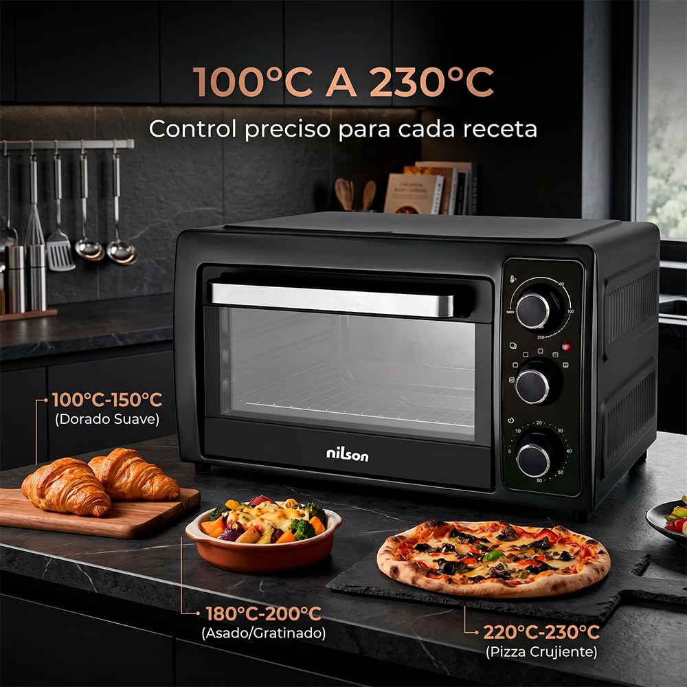 Four de table 48 l, convection, 5 fonctions de cuisson, 2000 W, contrôle mécanique, température max 230°, minuterie 60 min, avec plateau, grille métallique et pierre à pizza
