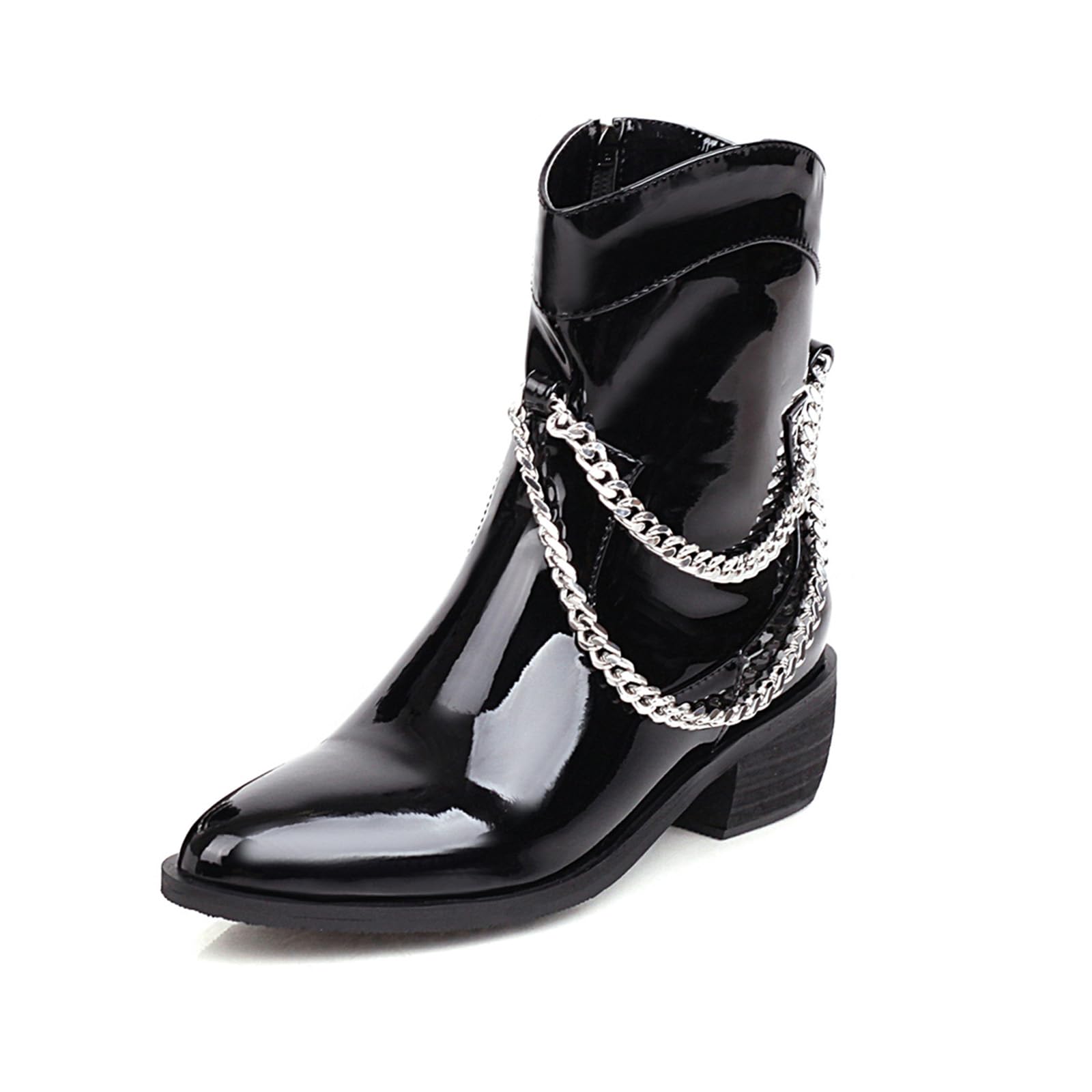 Patent Leather Pointed Toe Ankle Boots for Women Block Chunky Heels Western Booties with Metal Chain Fashion Comfort