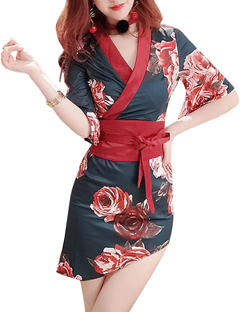 Amazon.co.jp: [YuanD] 女性の着物ミニドレス半袖Vネック花柄中国