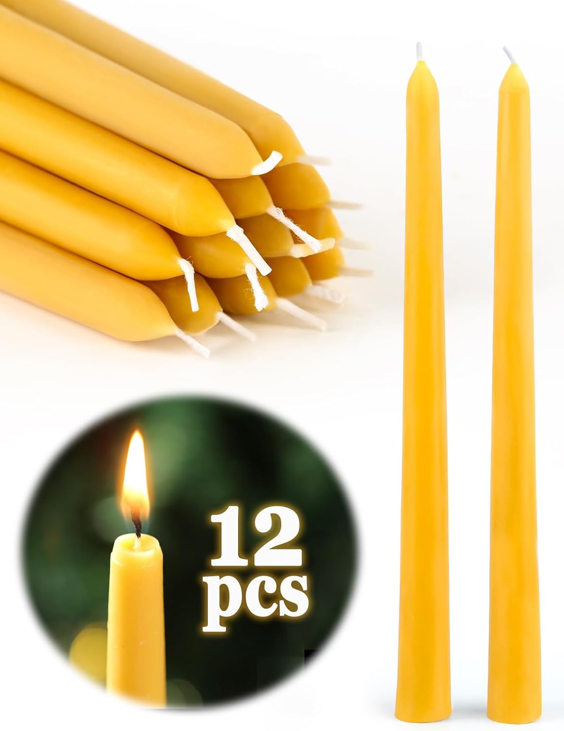12pcs 10" Natural Beeswax Taper Candles Smokeless and