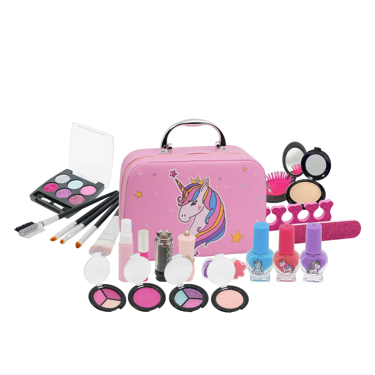Reva Unicorn Make-Up for Girls, Washable Children's Make-Up Set, Girls' Make-Up Case with Nail Polish Set, Lipstick, Brush Birthday Role Play Party Gift from 3 Years (Unicorn Pink)