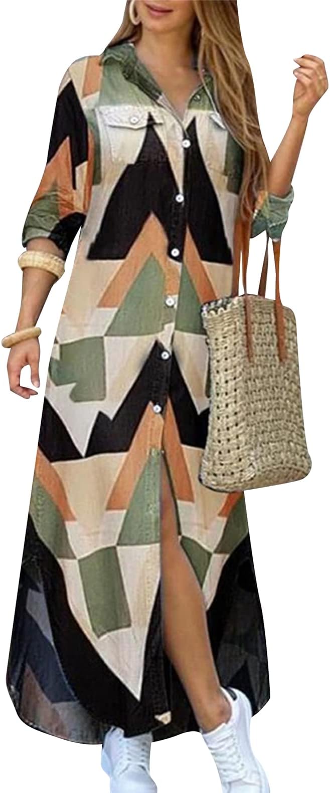 Women's Long Sleeve Button Down Shirt Dress Spring Casual Maxi Dresses Loose Fit Blouse Dress with Pockets