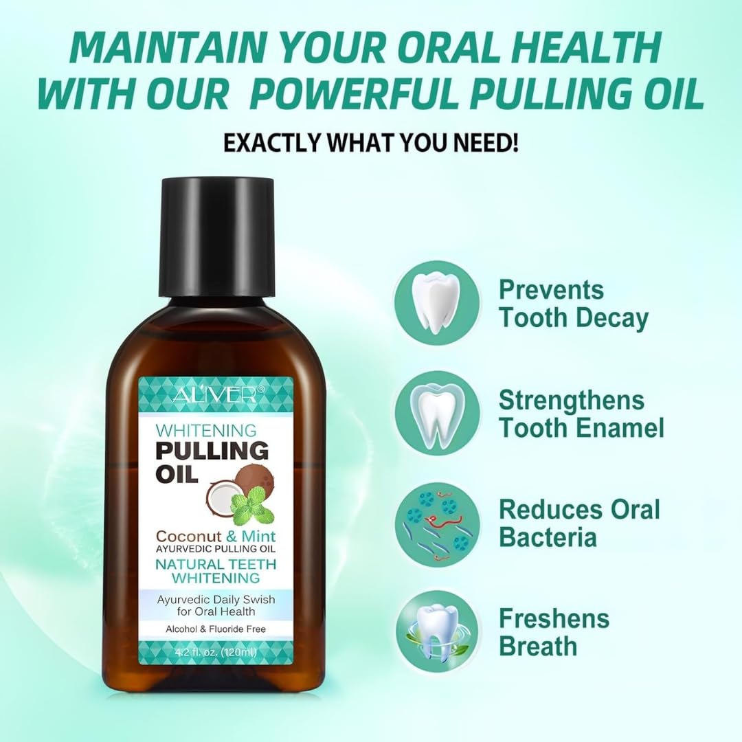NIKITA.VIVI Coconut Oil Pulling Whitening Mouthwash 120ml, Coconut Oil & Peppermint Teeth Whitening Oil Pulling Mouthwash with Tongue Scraper, Natural Coconuts Oils Pulling for Healthier Teeth & Gum
