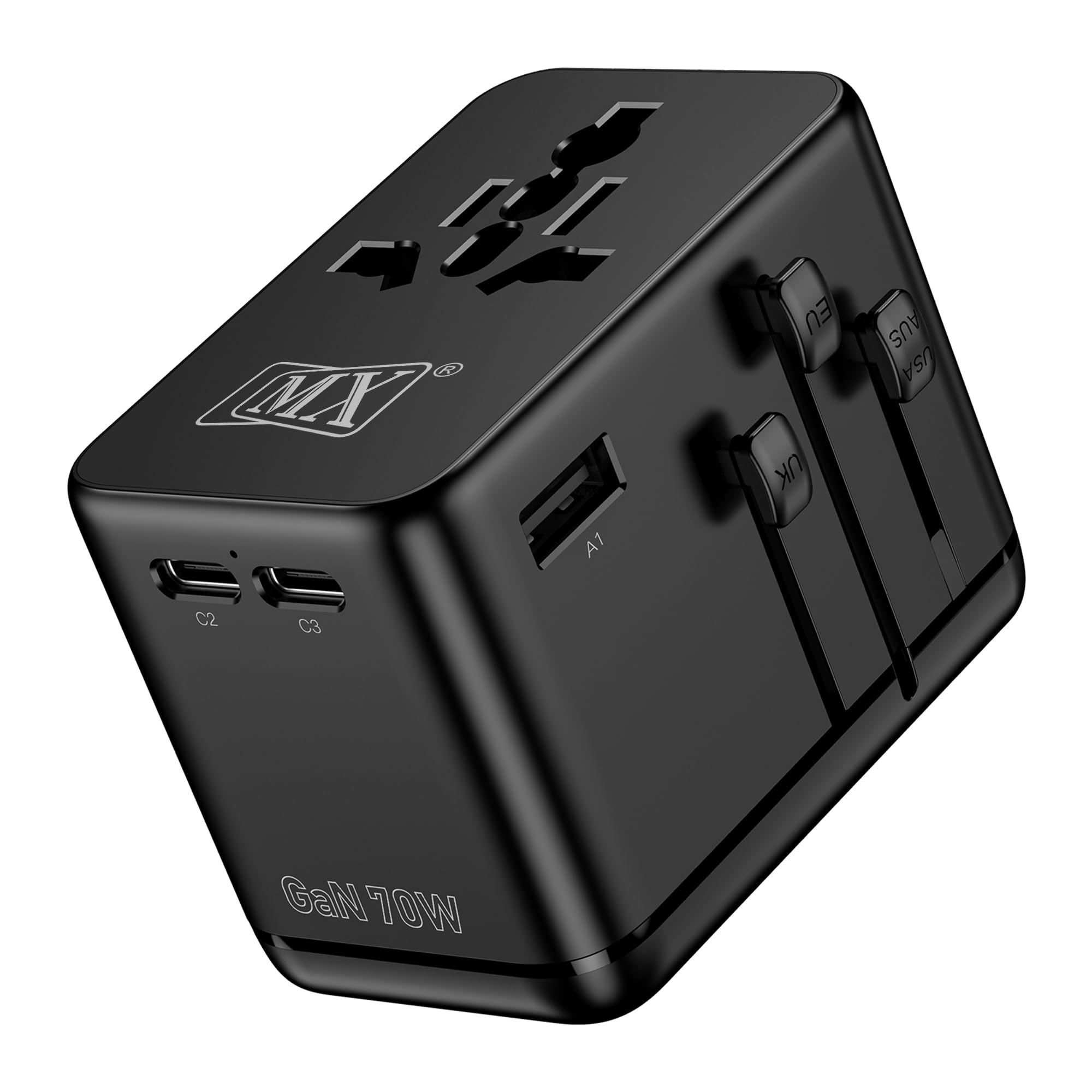 MX GaN 70W Universal Travel Adapter with 2 AC Outlets, 3 USB-C & 1 USB-A Ports, 6-in-1 International Power Adapter for Worldwide Travel, Type A/C/G/I Plugs, 200+ Countries Fast Charging Adapter-image-6
