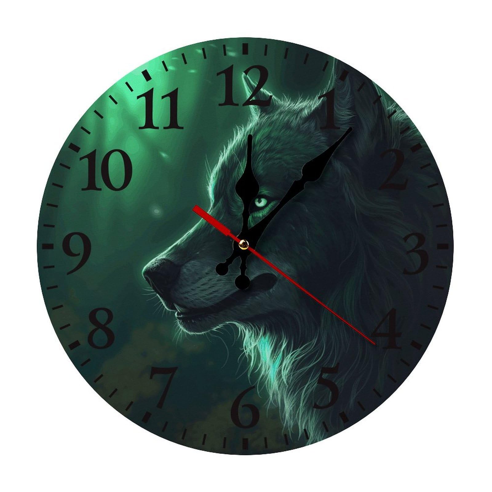NTVOWPZO 10 Inch Wall Clock Green Wolf Battery Operated Wall Clocks Silent Non-Ticking Round Wall Clock for Living Room Kitchen Home Office Wall Decorative Clock