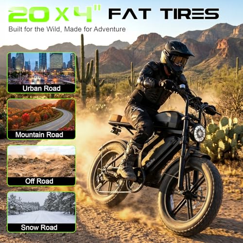 Image of Electric Bike for Adults, Peak 1500W Motor Retro E Bike, Range 65 /120Miles, 48V 15Ah Removable Battery, 20 inchx4 inch Fat Tires, Full Suspension, APP Control, Off-Road Ebike for City Commuting