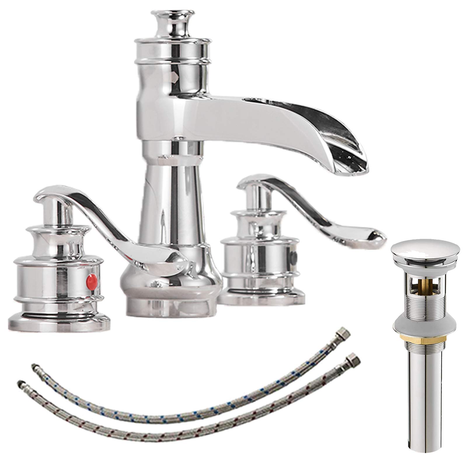 Widespread Bathroom Faucet Chrome Waterfall 2-Handle with Pop up Drain Assembly 3 Holes 8-16 Inch Sink Vanity Overflow Commercial Supply Line Lead-Free by Bathlavish