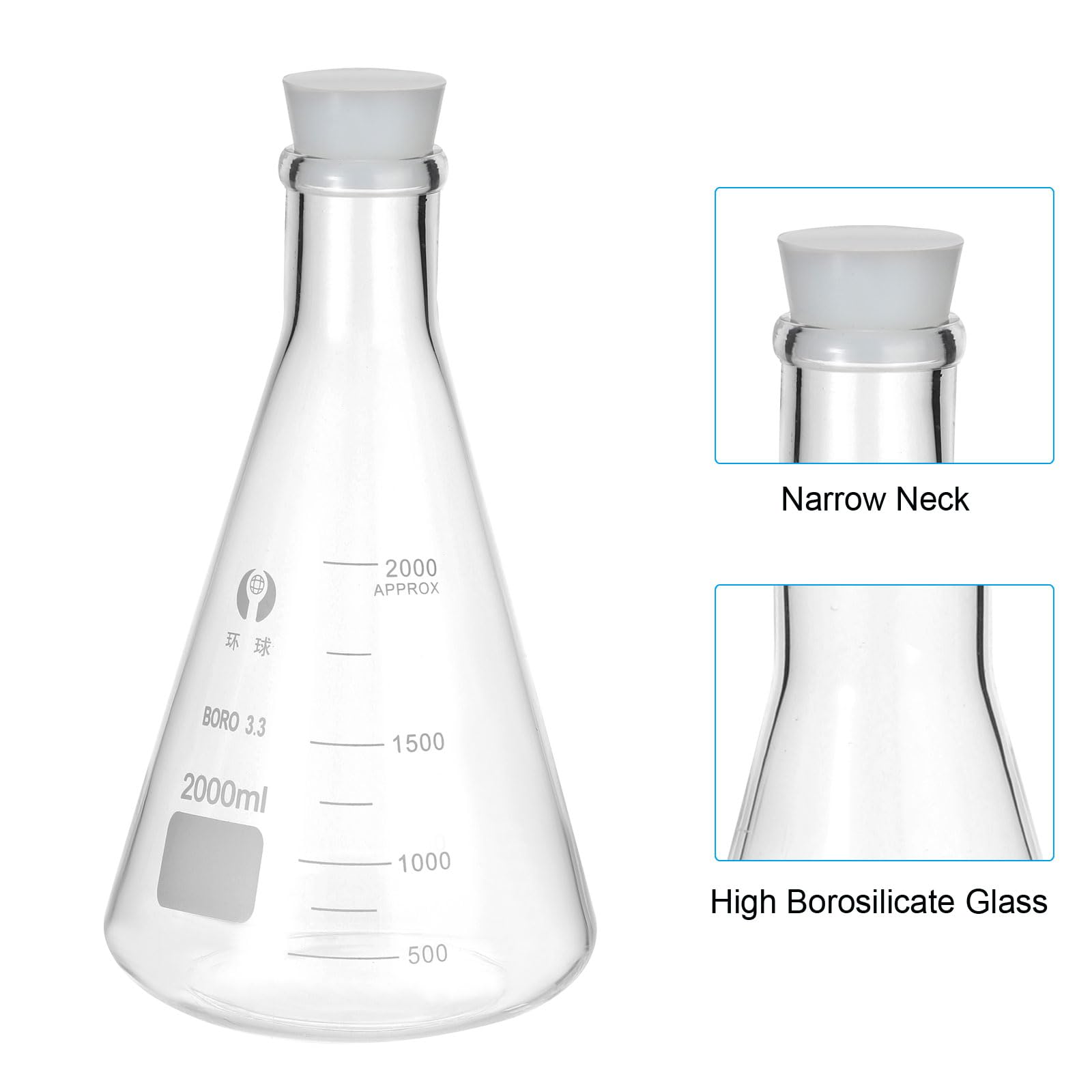 PATIKIL Kolba Erlenmeyera, 2000 ml, 67,6 uncji z wąską szyjką, z silikonowym korkiem, szklane kolby borokrzemowe z nadrukiem podziałki do eksperymentu laboratoryjnego naukowego