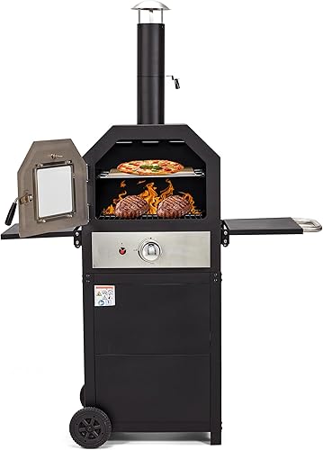 HOMREST Parrilla de barbacoa de gas propano con termómetro, parrilla de barbacoa de 14,000 BTU con ruedas para cocina al aire libre, horno de pizza