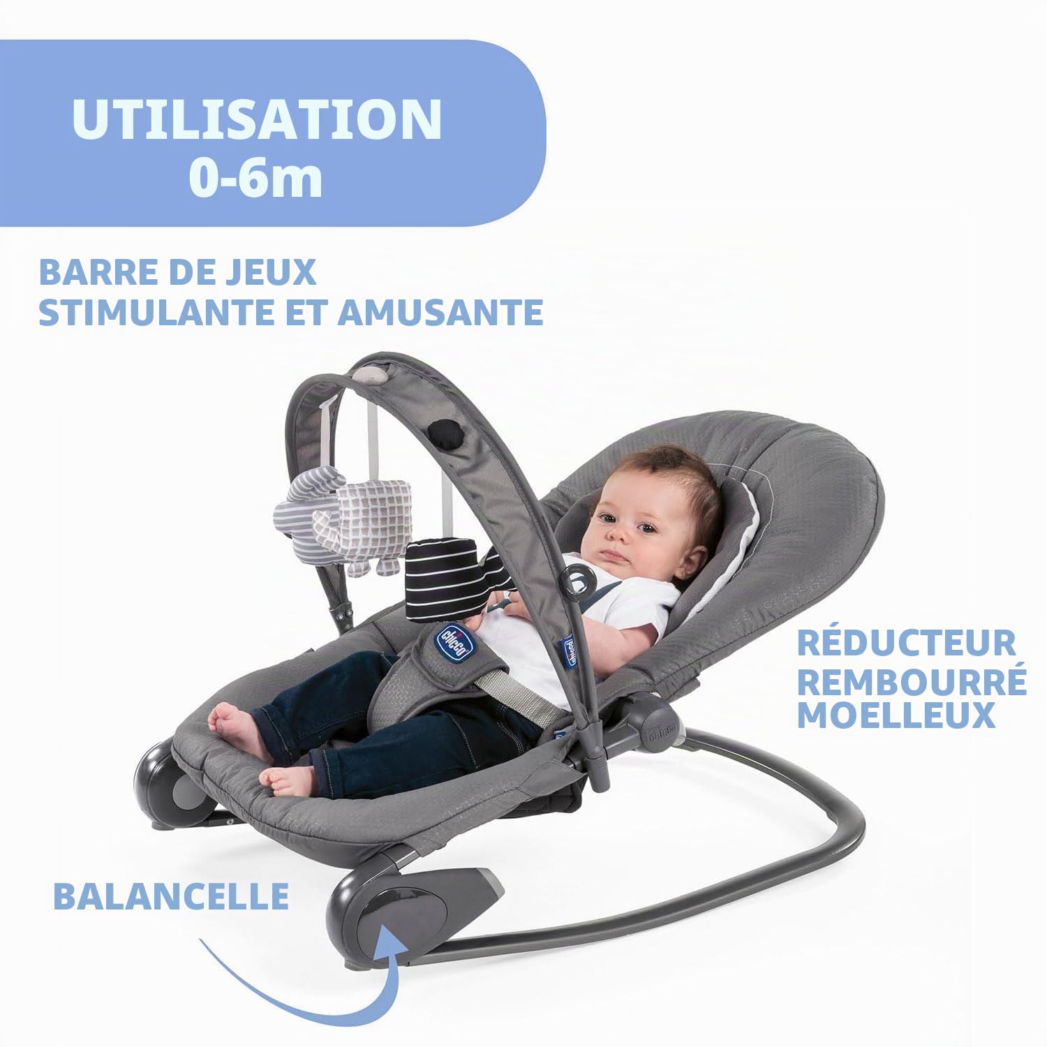 Chicco Hooplà Transat Enfant Évolutif pour Bébé de la Naissance à 18 kg, Position Fixe ou à Bascule, avec Barre de Jeu, Dossier Réglable et Coussin Réducteur, Fermeture Compacte - Moon Grey