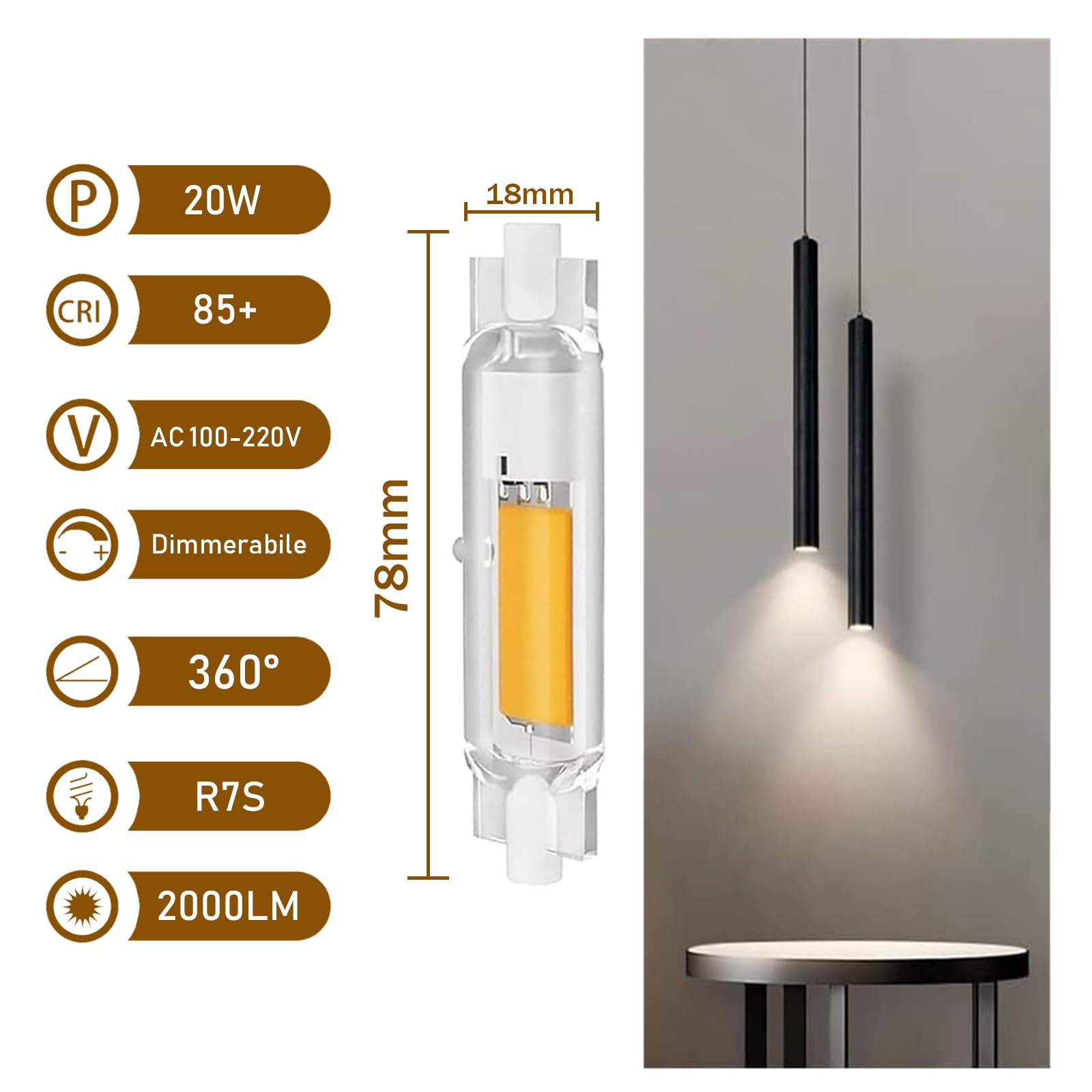 R7S LED Leuchtmittel 78 Mm, Dimmbar, 20 W Ersetzt 200 W Halogen – Kaltweiß 6000 K, 2000 Lumen, Flackerfrei, 360° Abstrahlwinkel (2er Pack)