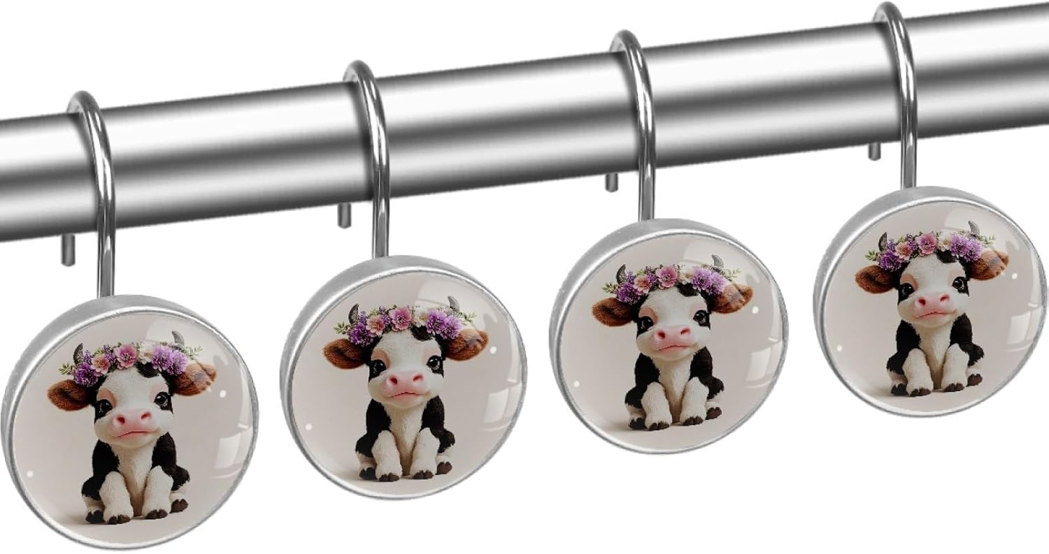 Highland Cows and Flowers Crystal Glass Shower Curtain Hooks for Bathroom Shower Rod, 12Pcs Round Home Decorative Shower Curtain Rings, Bathroom Bedroom Living Room Accessories