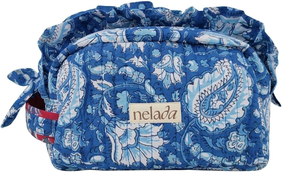 Handcrafted Block Print Quilted Cotton Makeup Bag | 100% Cotton with Elegant Frill Detail | Unique Handmade Gift for Her, Travel Makeup Organizer | Floral Handblock Print (Blue)