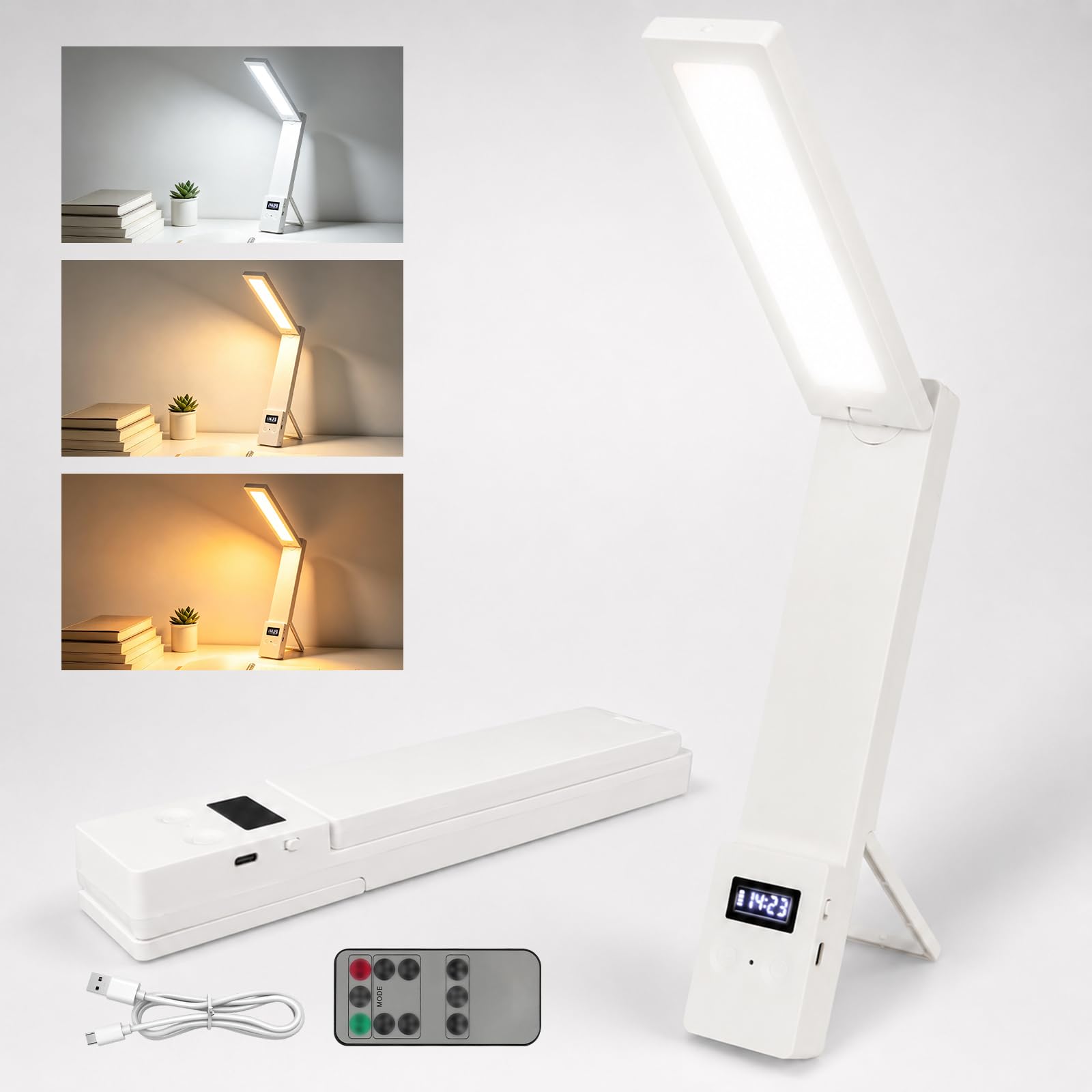 Biurany LED Desk Lamp, Rechargeable Foldable Desk Table Lamp with Clock